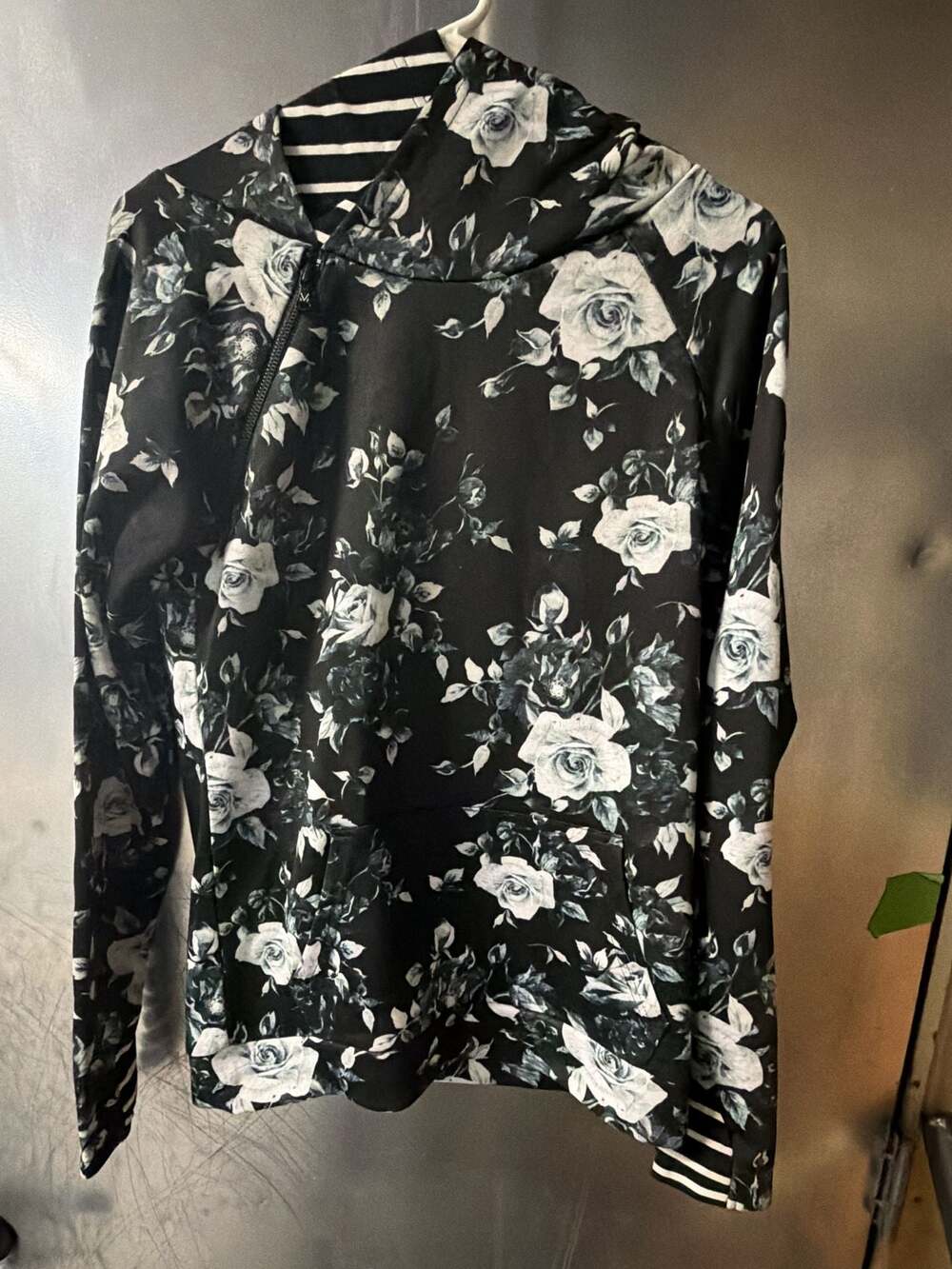 Michelle Mae Black and White Floral Rose Print 1/2 Zip Hoodie